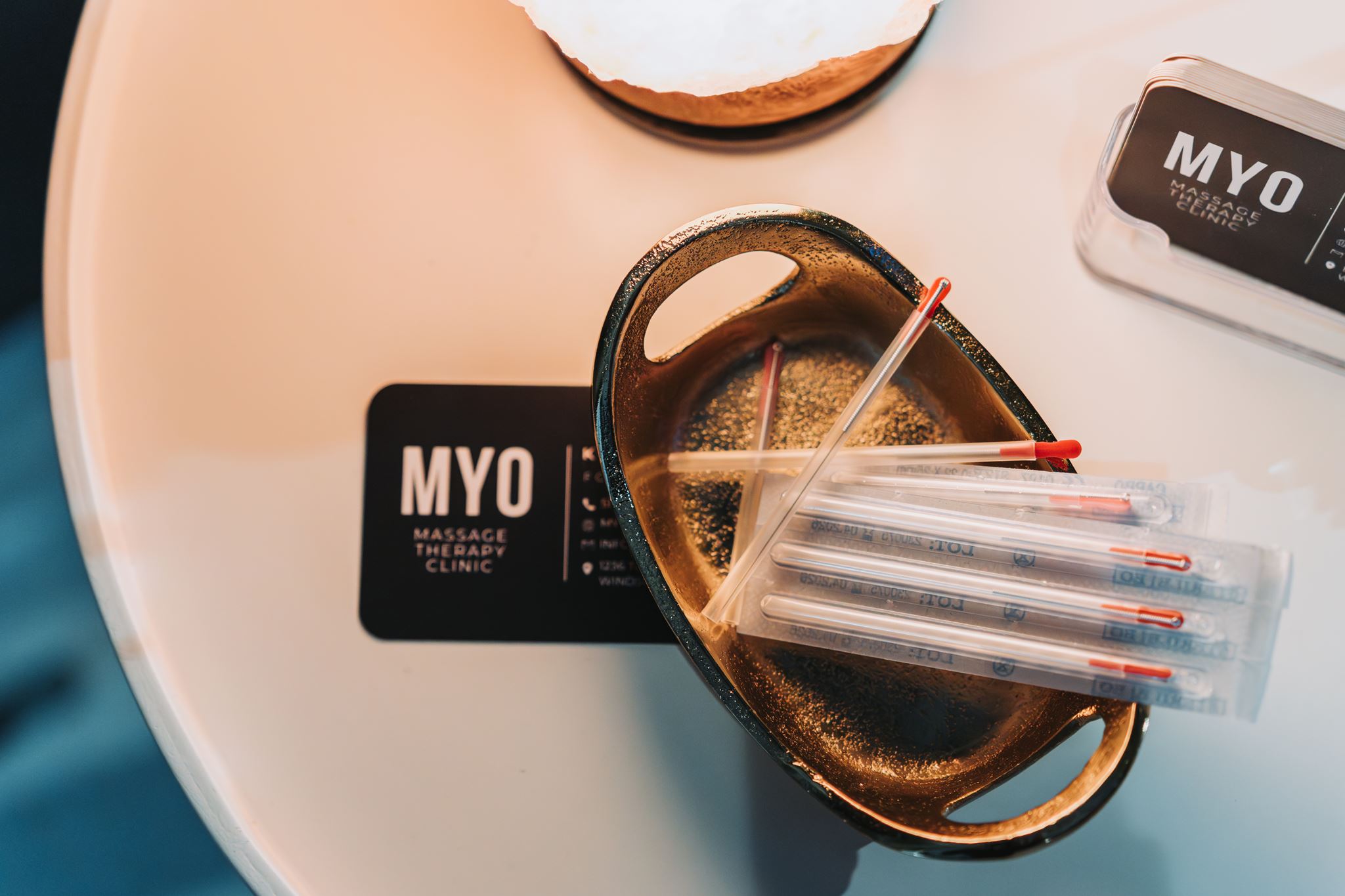 Acupuncture supplies and MYO branding at the clinic